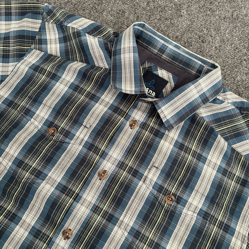 Prana Mens XL Plaid Short Sleeve Button‎ Up Shirt Outdoor Casual Top Blue Green